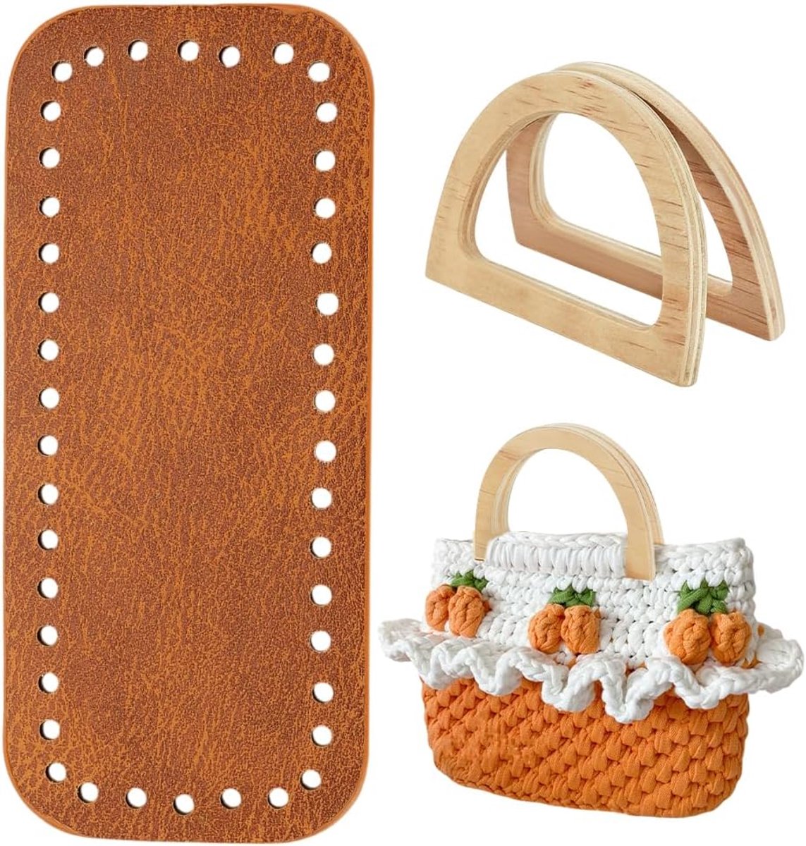 SnelShoppen - Haak Tas Maakset, 7x3 Inch, PU Leren Tasbodem, Bruin Tas Basis met 2 Stuks, 12x8,5 cm D Vorm, Houten Tas Handvatten voor DIY Creaties
