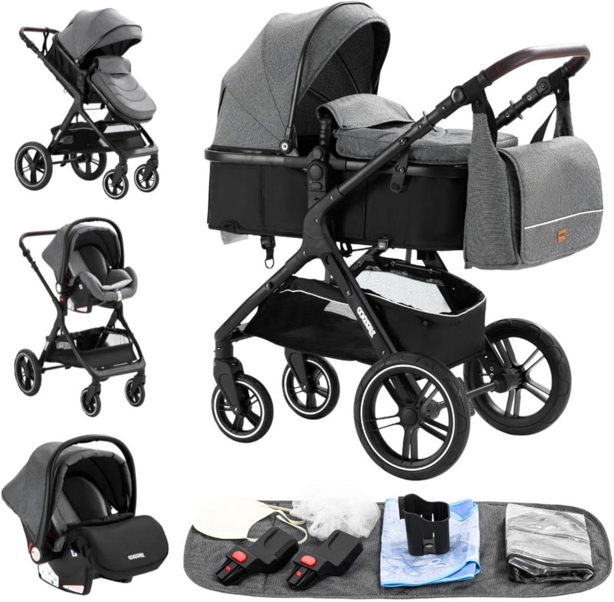 Kinderwagen 3-in-1 - Combinatie kinderwagen - Baby vervoer - Compact opvouwbaar - 60 x 40 cm - Grijs
