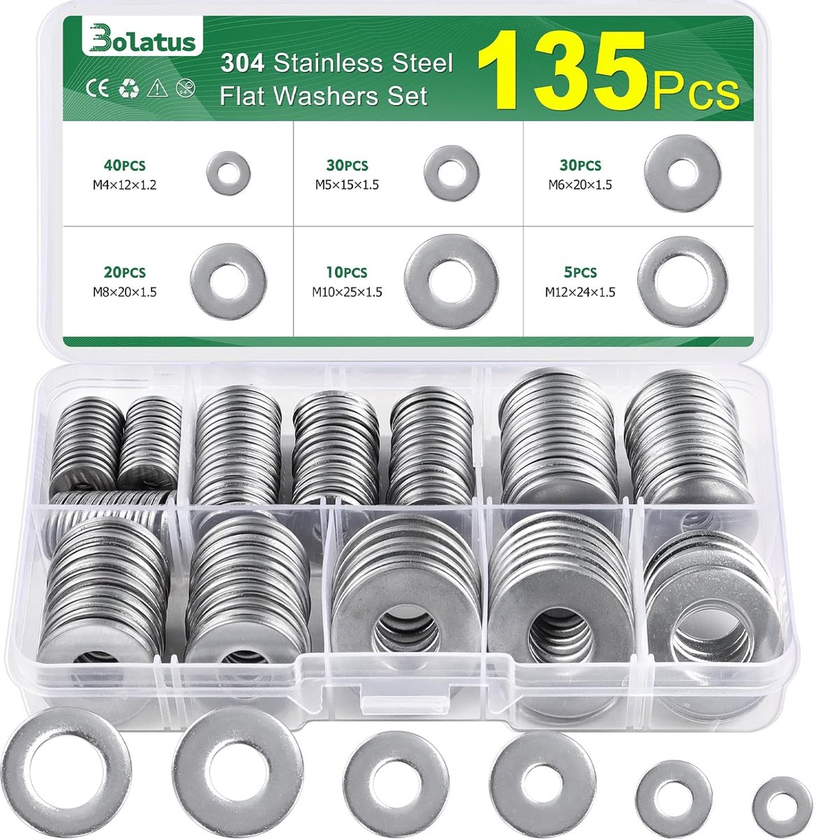 Bolatus Washers Set of 135 Stainless Steel Washers Assortment 6 Sizes Body Discs M4 M5 M6 M8 M10 M12 Flat Washers - ShopVlot