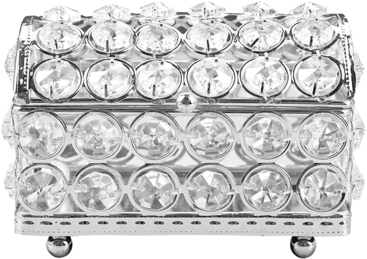SnelShoppen - Crystal Sieradenbox met Deksel Makeup Opbergdoos voor Oorbellen Ringen Sieraden Trinkets Zilver - Glitterend Design van Metaal en Krista