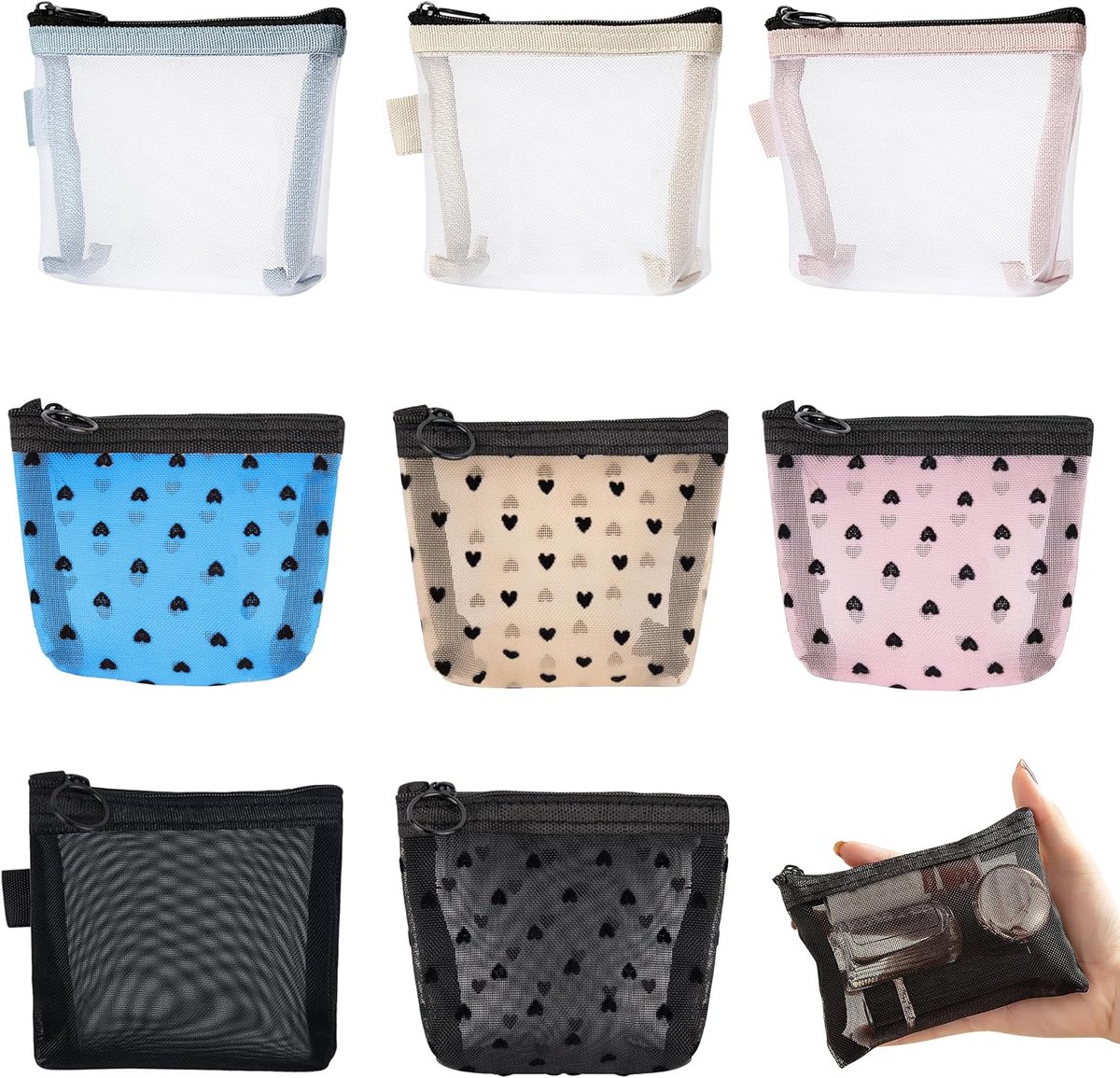 SnelShoppen - Mini Netzakjes met Rits - 8 Stuks Kleine Mesh Pouches - Transparante Mini Portemonnee - Mesh Make-up Tasjes voor Muntjes, Kaarten, Sleut