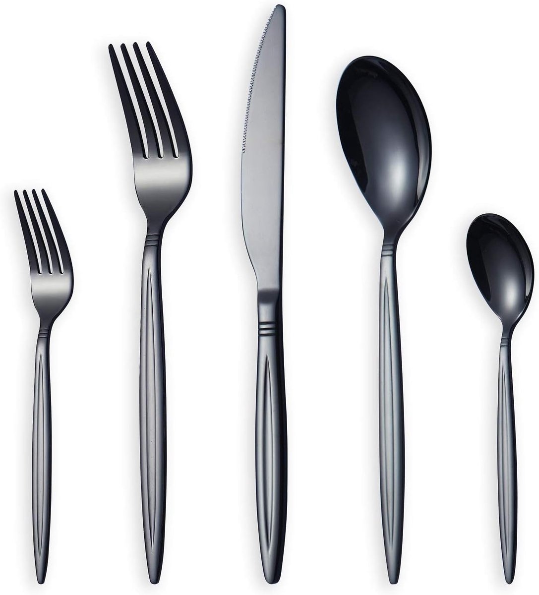 SnelShoppen - 30-delige Zwarte Bestekset, RVS, Titanium Zwart, Tafelset voor 6 Personen, Koken, Eten, Feest, Keuken, Stijlvol, Hoogwaardige Kwaliteit