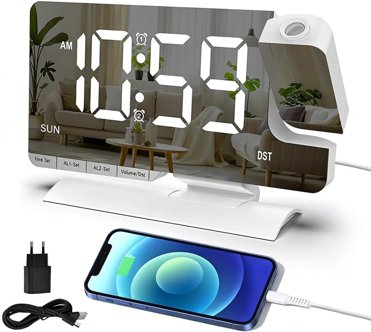 SnelShoppen - Projectie Alarmklok met 180° Draaibare Projector, USB-C Aansluiting, Dimbare Verlichting, Volume, 11 Kleuren LED Display, Digitale Wecke