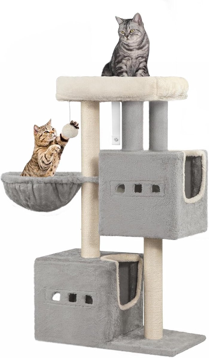 Hzuaneri 98 cm Krabpaal, kattenboom, kleine krabpaal met meerdere verdiepingen met zitstang, kattenhuismeubel met 2 holten, sisal kattenkrabpaal, hangmat, hol, Lichtgrijs