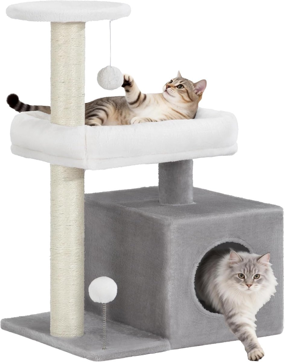 Hzuaneri Kattenkrabpaaltoren, 75 cm Kattenkrabpaal voor Binnenkatten, 2 Sisal Krabpalen, Comfortabel Huisje, Rustplatform, Uitkijkplek Bovenaan, Pompons, Lichtgrijs en Wit