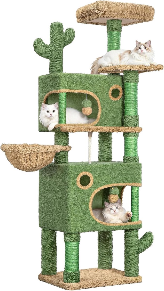 Hzuaneri Cactus Krabpaal, 165 cm krabpaal met 6 krabpalen, 2 platforms, 2 holen, mandje, pluche ballen, sisaltouw, geschikt voor katten van verschillende groottes, groenbruin