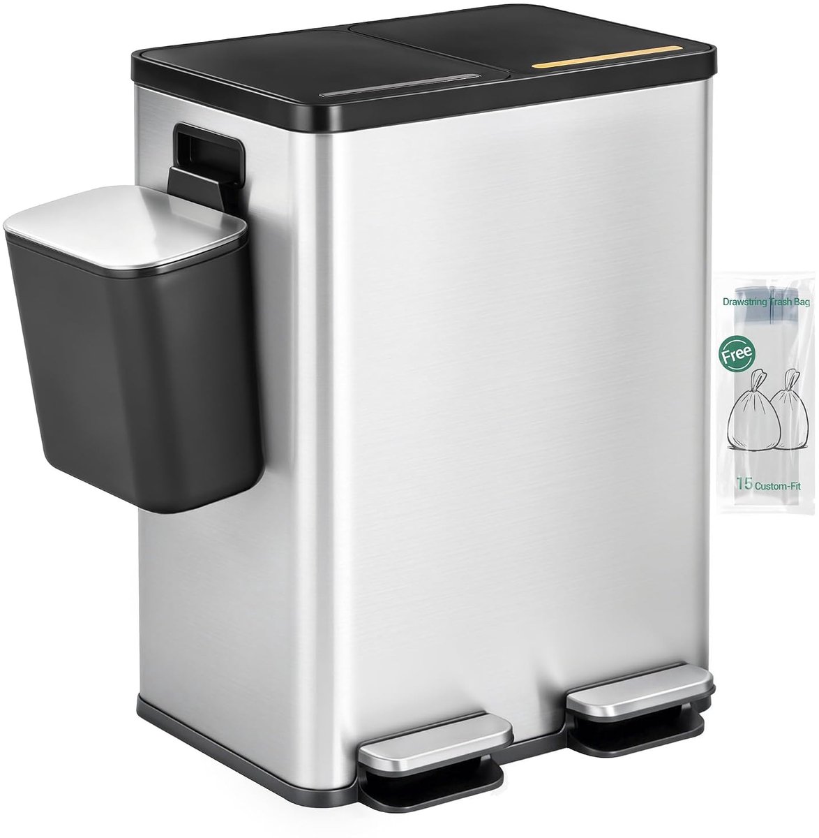 Hzuaneri Keukenafvalbak, 2 x 30 l + 7 l, Afvalscheidingssysteem met 2 vakken en 7 l compostbak, Afvalemmer met soft-close deksel en pedaal, Uitneembare binnenemmers, Roestvrij staal, Stickers, Zilver