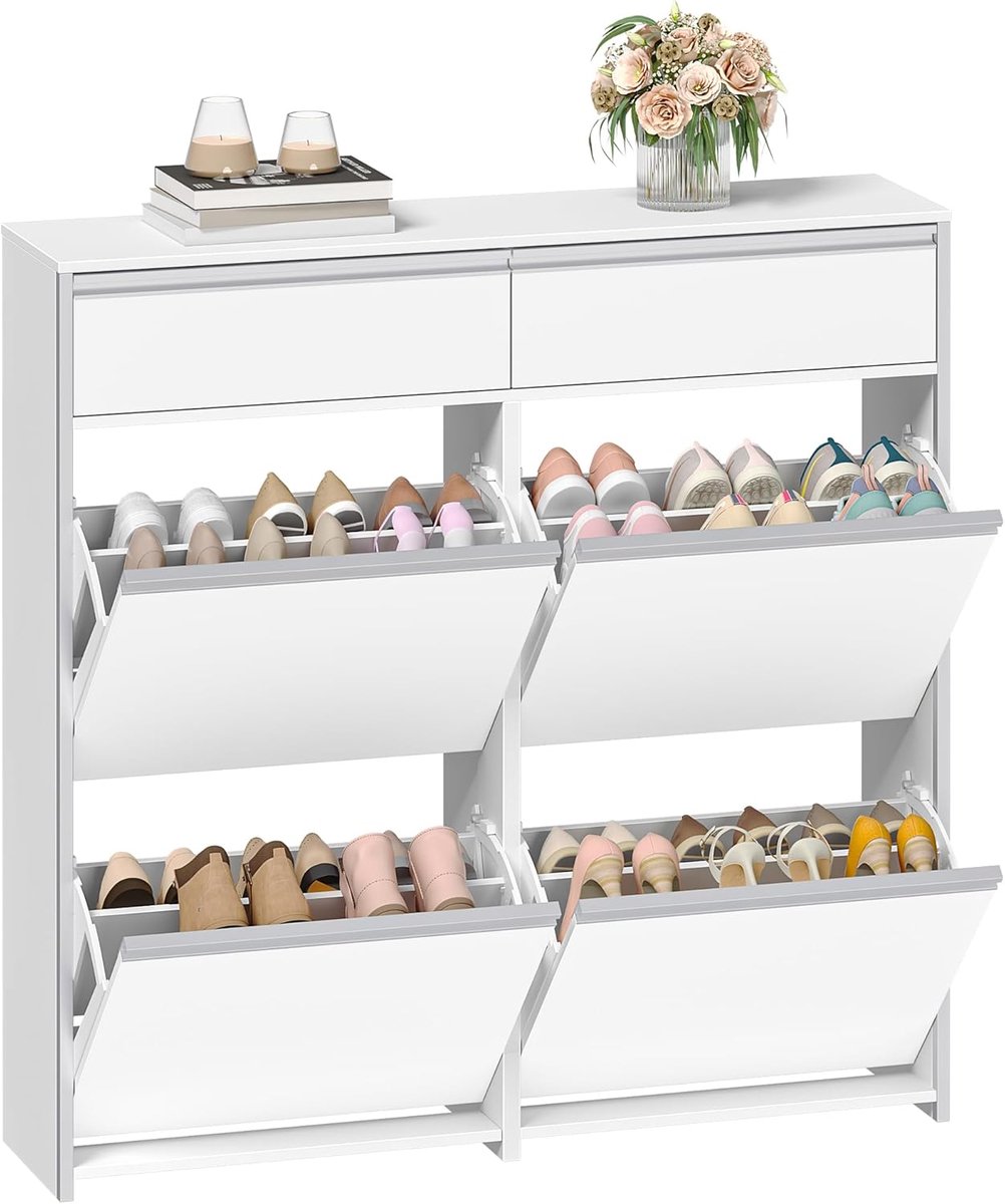 HILINSIE Schoenenkast met 4 draaideuren, wit-zilver, 100 x 24 x 99 cm