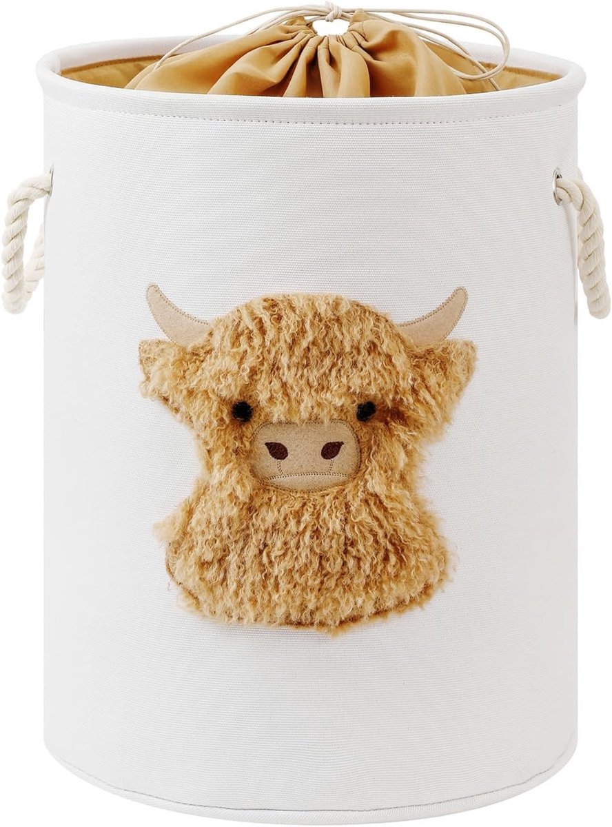 Luxe wasmand voor baby's met schattige Hooglandkoe print, ideaal voor kinderkamer en organisatie