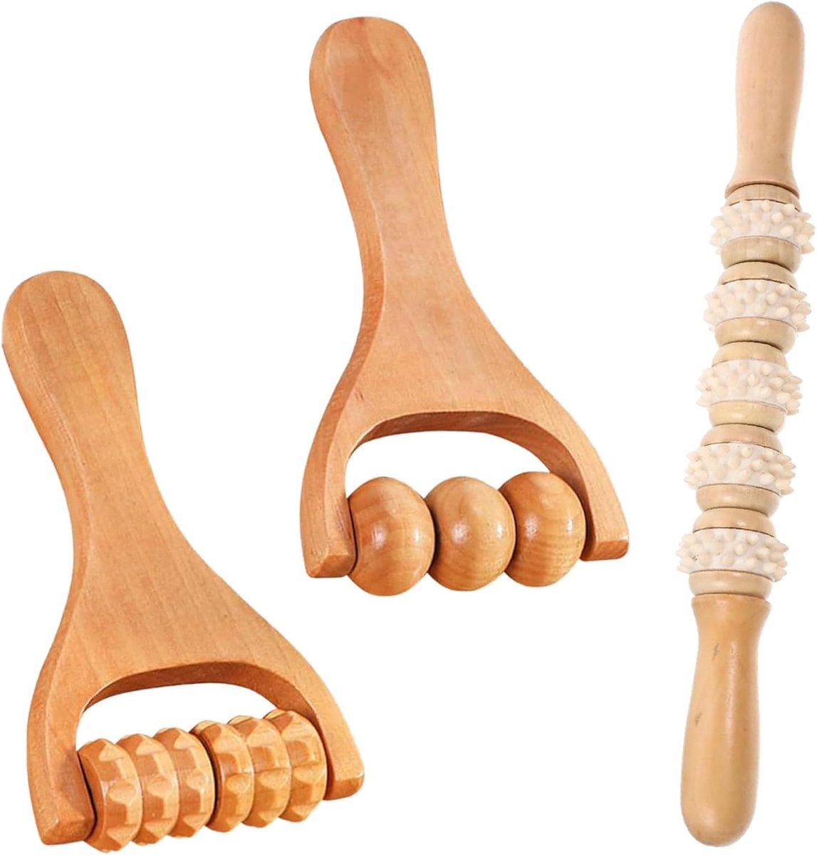 SnelShoppen - Houten massage roller set - 3 houten massage rollers voor benen, dijen en rug - Therapeutische Gua Sha stick van hout - Natuurlijke kwal