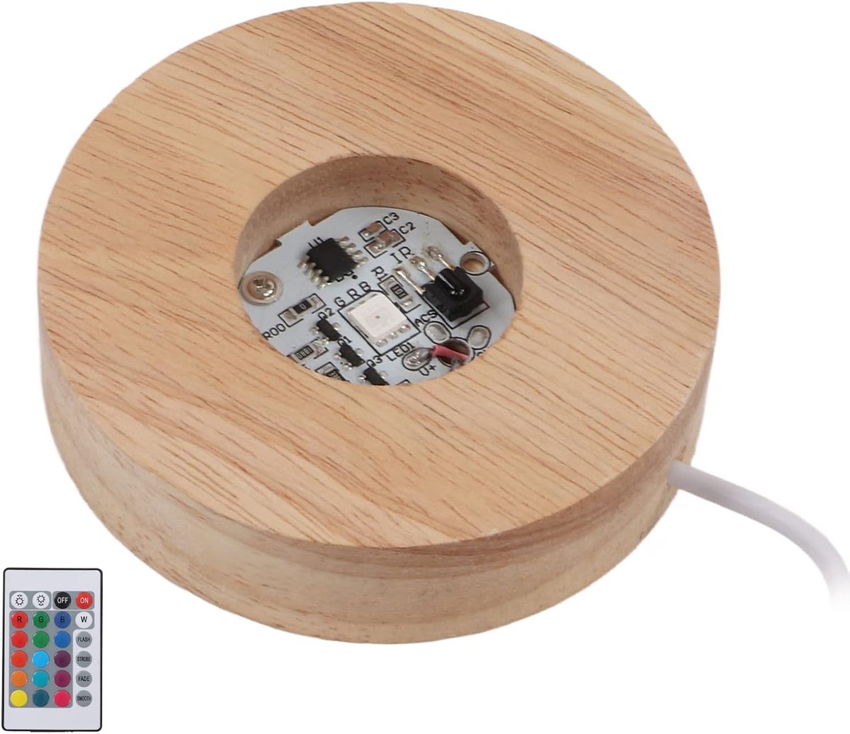 SnelShoppen - Oak Wood LED Lichtbasis met Afstandsbediening, Kleurrijke Verlichting voor Crystal en Kunstglas, Ideaal voor Feesten en Decoratie