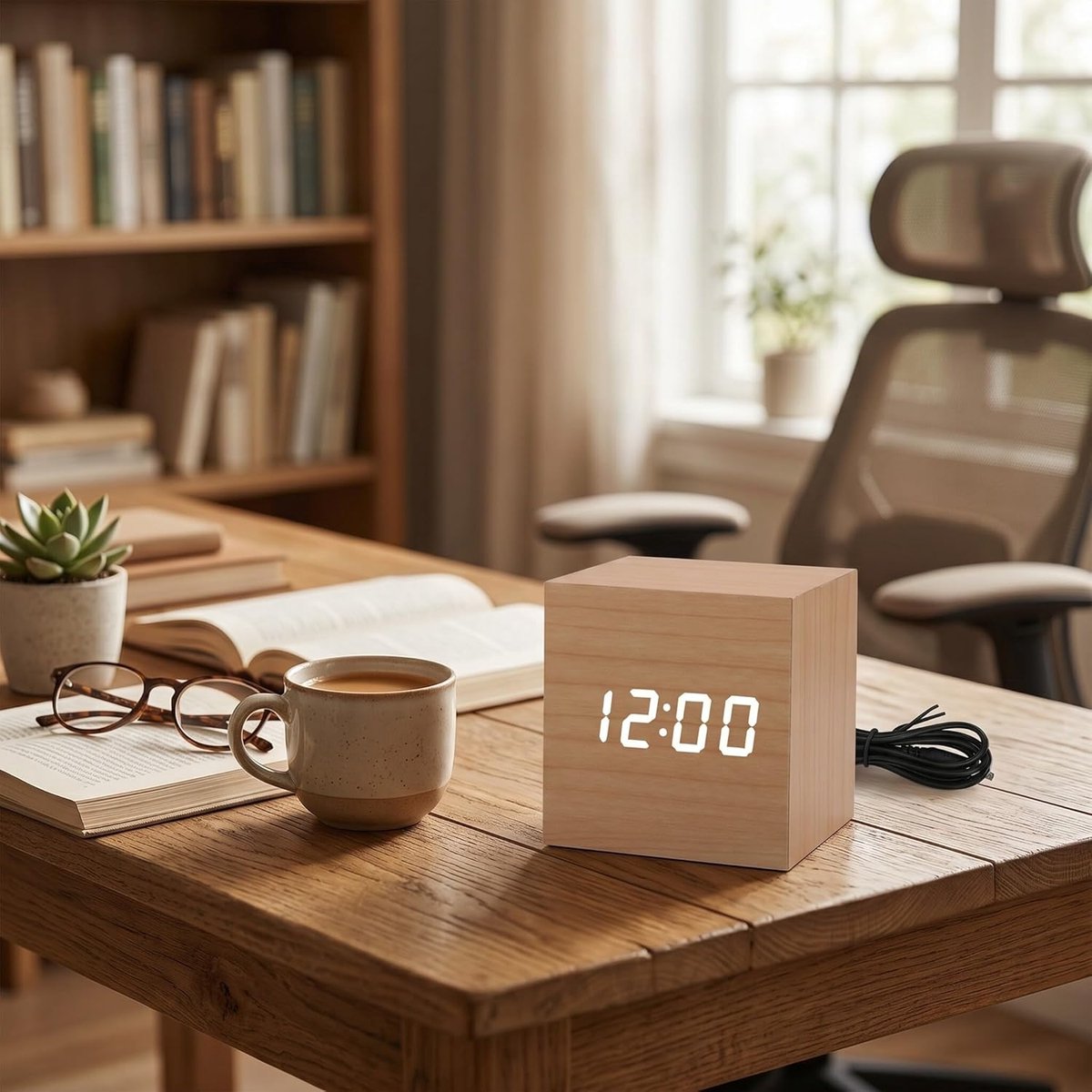 SnelShoppen - Digitale Wecker Klok met Houten Bekleding, Multifunctionele Grote Display, Verstelbare Helderheid, Moderne Houten Kubus Klok met Tijd, D