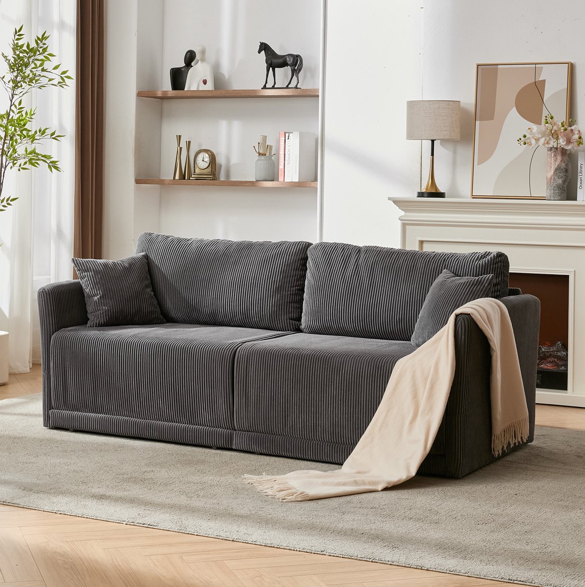 MIVRAY Slaapbank 2-Zits - Modern Minimalistisch - Uitklapbare Zitbank Voor Woonkamer, Kantoor En Studio - Corduroy Stof - Grijs