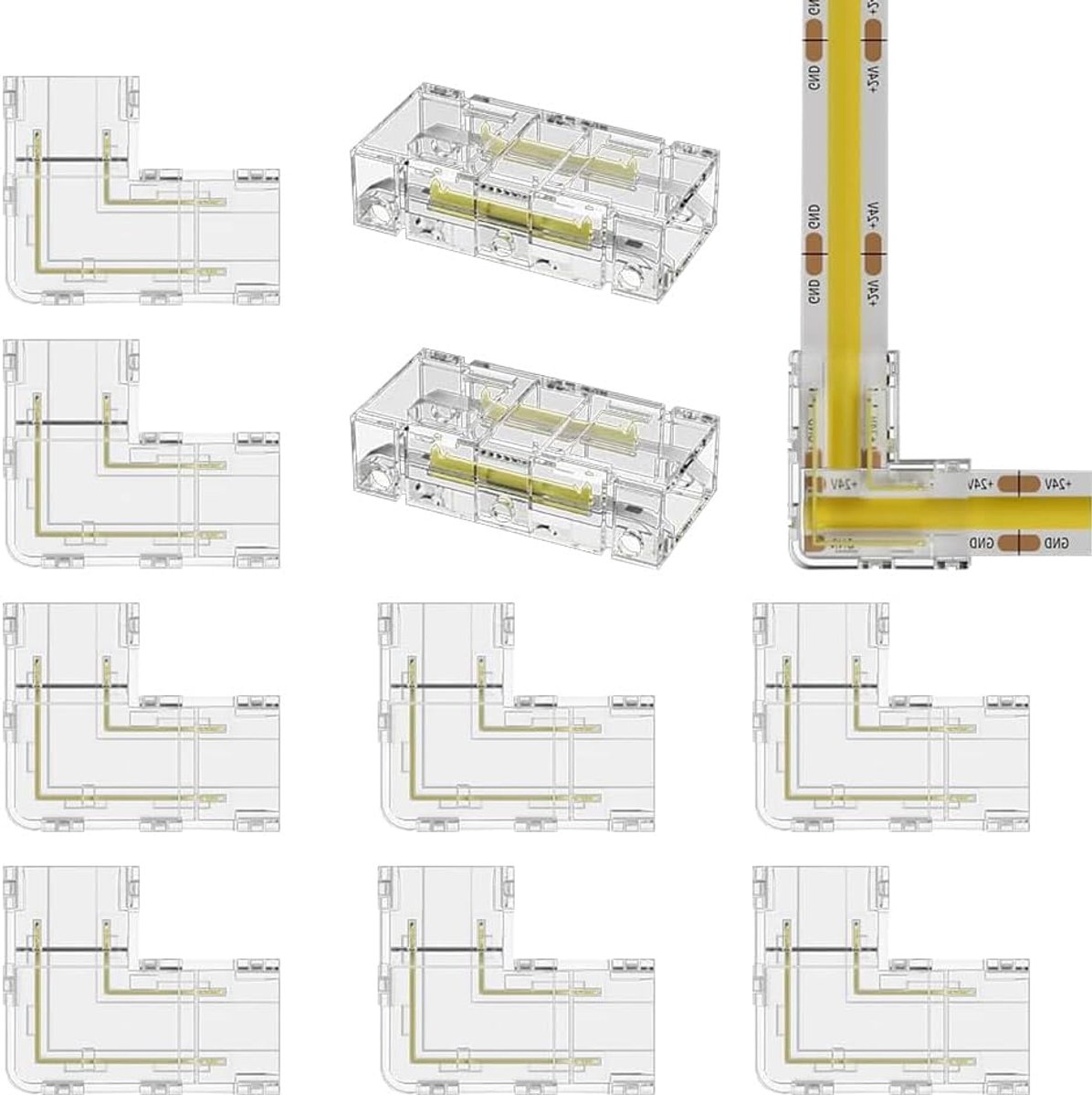 SnelShoppen - COB LED Plug Connector Kit, 8 Stuks 2 Pin 8mm L Type LED Strip Aansluitingen en 2 Stuks Transparante Center Connectors voor Naadloze Ver