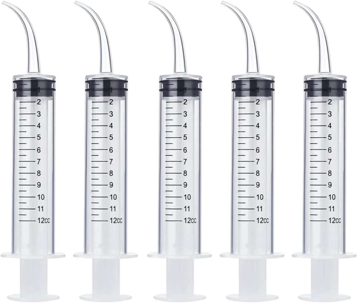 SnelShoppen - 5 Curved Tip Spuiten, Mondspoelsysteem, 12 Ml Spuit Voor Tandheelkundige Zorg en Amandelstenen, Veilig Plastic, Ideaal Voor Thuisgebruik