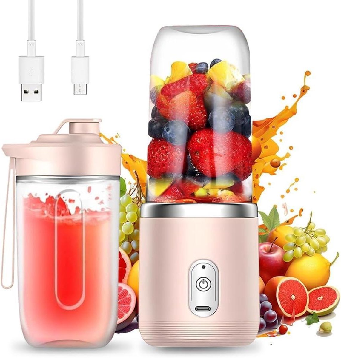 Smoothie Maker - Portable Mixer - Verse Drankjes Maken - 6 Roestvrij Staal Bladen - 400 ml - Roze