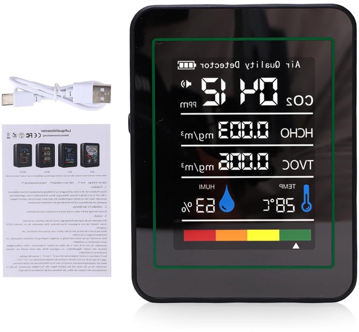 Luchtkwaliteitsmonitor - Omgevingsdetector - Binnenlucht Controleren - 5-in-1 Detectie - 1200 mAh Batterij - Zwart