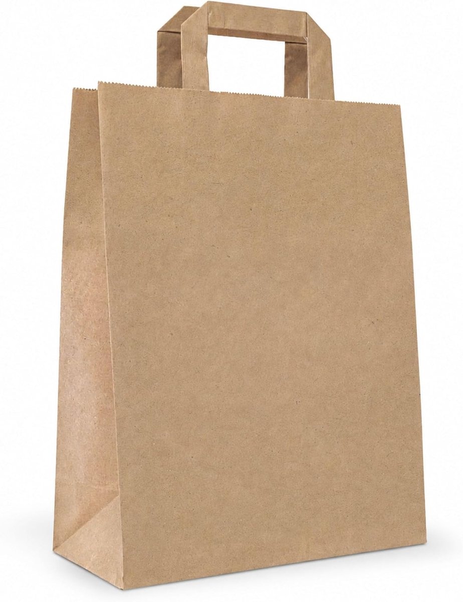 SnelShoppen - Kraft Papieren Tas 26x35x12 Cm 25 Stuks - Sterke Papieren Draagtassen met Platte Handvatten voor Winkels, Markten en Webshops