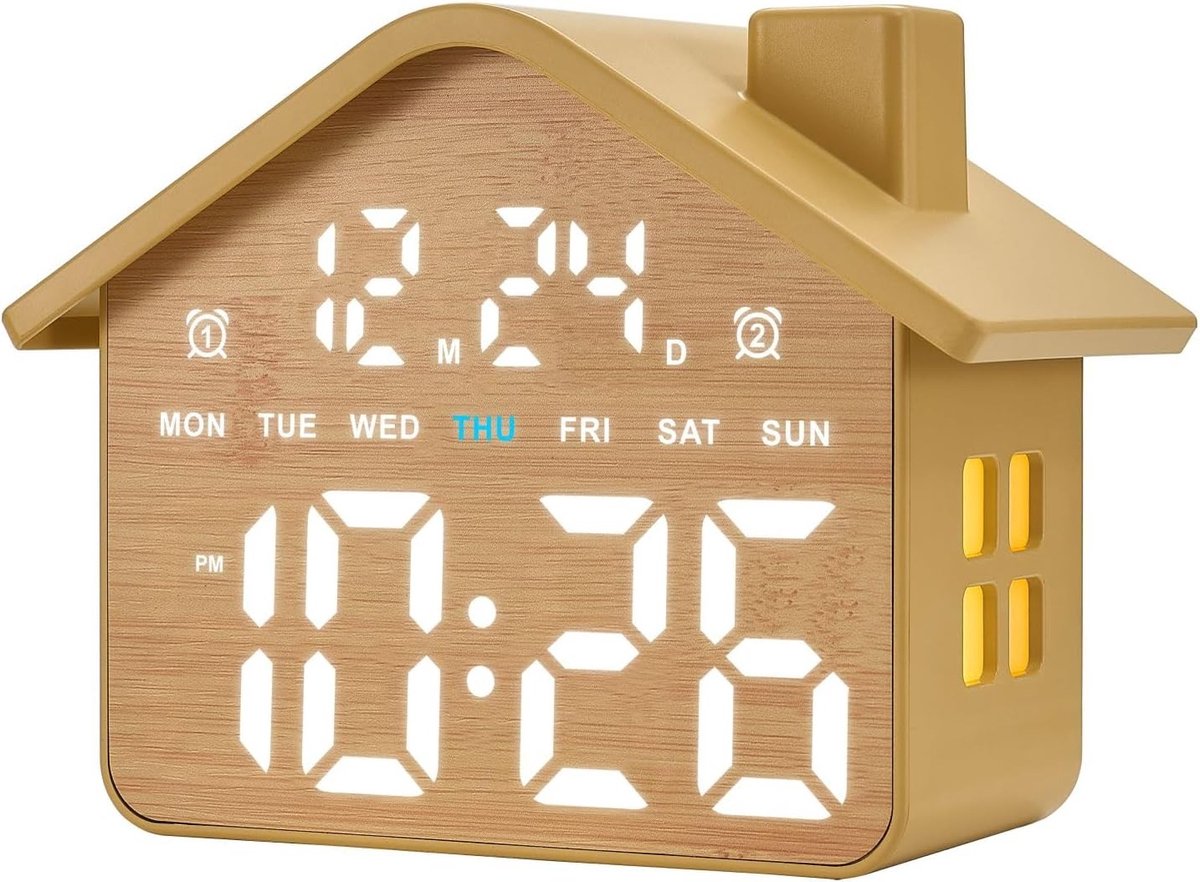 Digitale houten wekker voor de slaapkamer met datum- en weekweergave, dubbele alarmfunctie, dimbare helderheid en sfeerverlichting, werkt op adapter of batterij