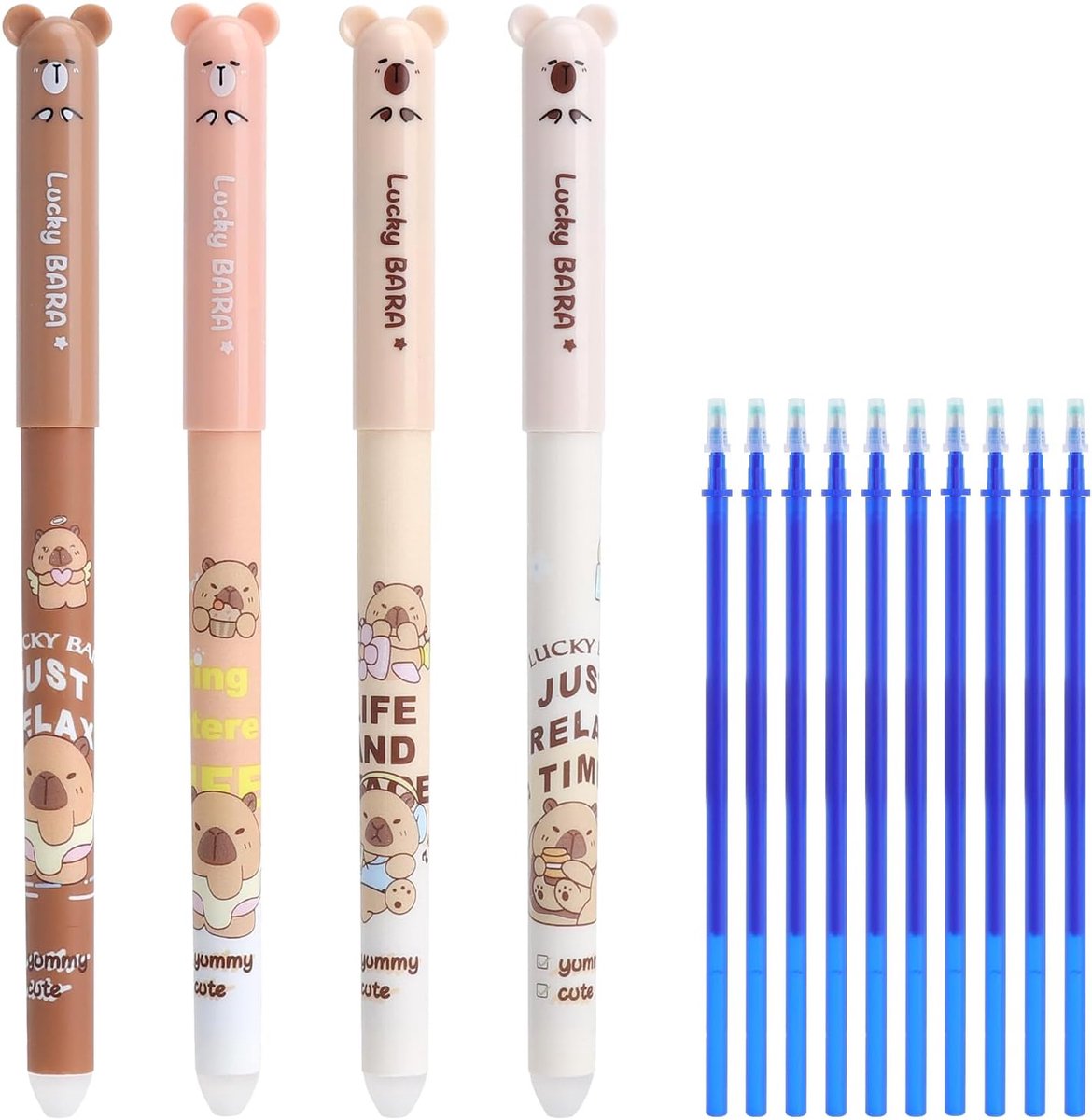 Set of 4 erasable gel pens, eraser pen with capybara design, cute stationery set and 10 refillable refills, 0.5 mm pen - ShopVlot