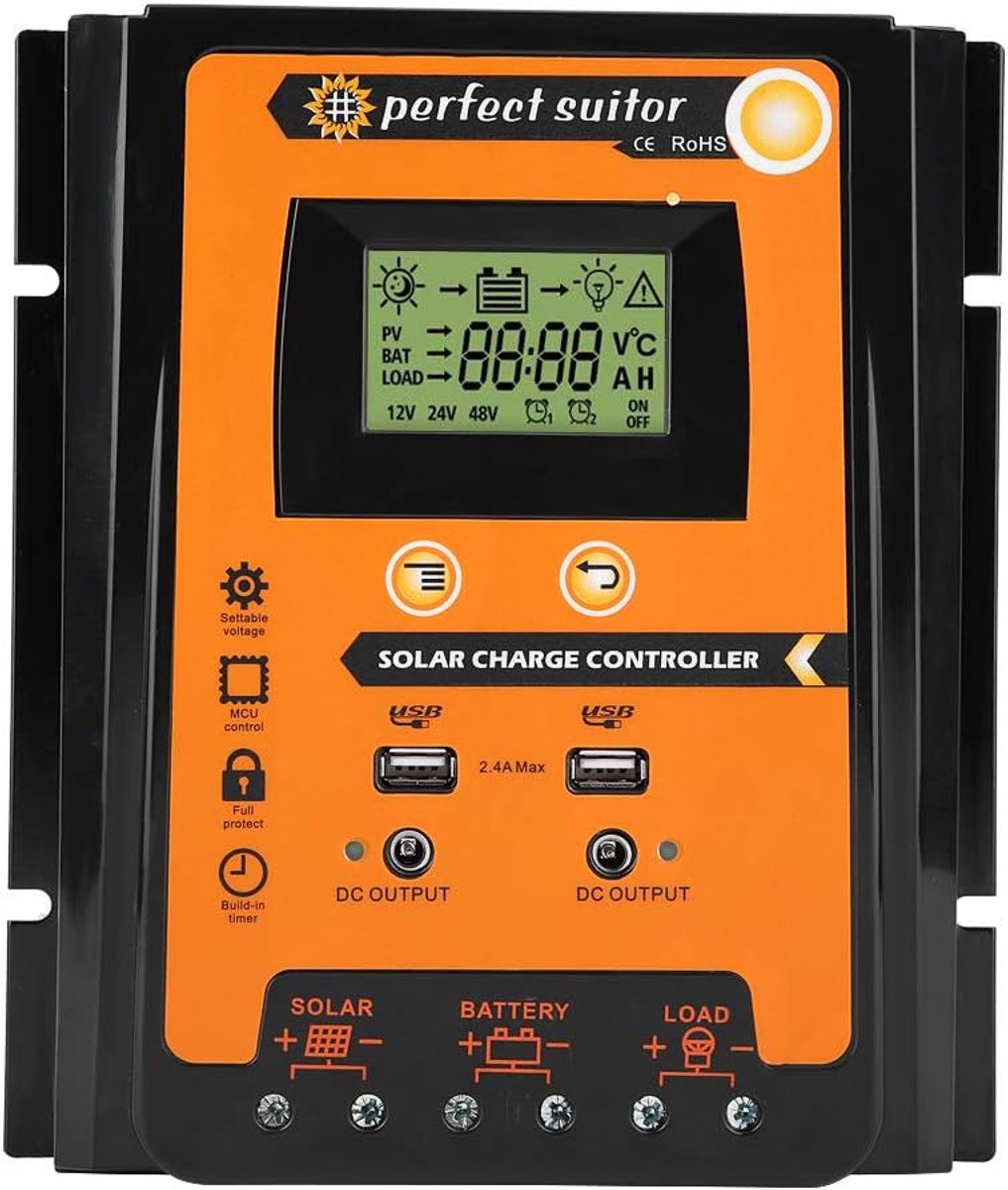 SnelShoppen - MPPT Zonnepaneel Regulator 12V/24V met LCD Display, Zonne-energie Laadcontroller met Dubbele USB Poort, Automatische Spanning Detectie (