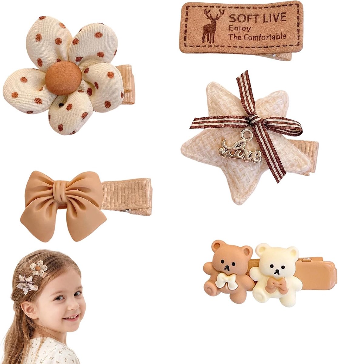 SnelShoppen - Haarspelden voor meisjes 2-6 jaar, bloemen en stippen, zacht en hypoallergeen, 5 stuks voor lang en dun haar - perfect voor feestjes en