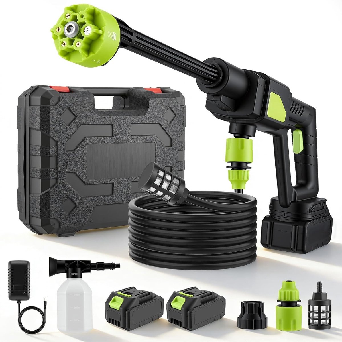 Accu-hogedrukreiniger - Groen - 100 bar - 600 l/u met 6-in-1 mondstuk - Voor Auto, Tuin, Balkon en Terras