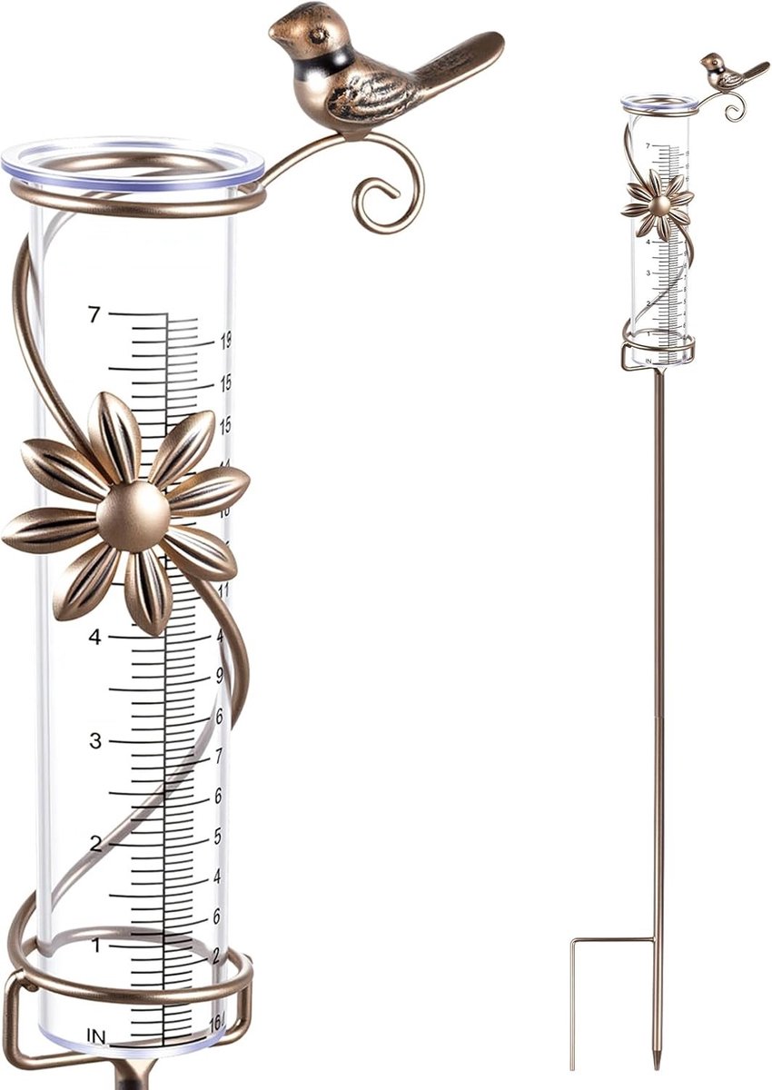 Regenmeter Set voor de Tuin - Retro Kleur - 85 cm Hoog - Metalen Houder met Transparante Regenmeter - Voor Tuin, Balkon en Terras