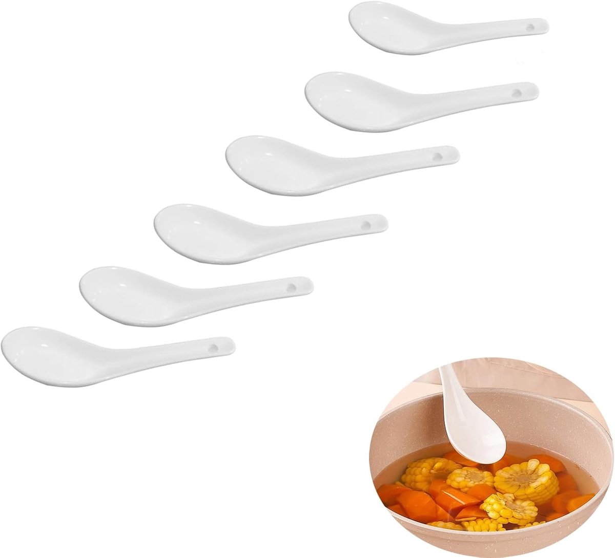 Set van 6 Porseleinen Soepscheppen voor Aziatische Soepen, Ramen en Won Ton, Ideaal voor Rijstkommen en Soepgerechten