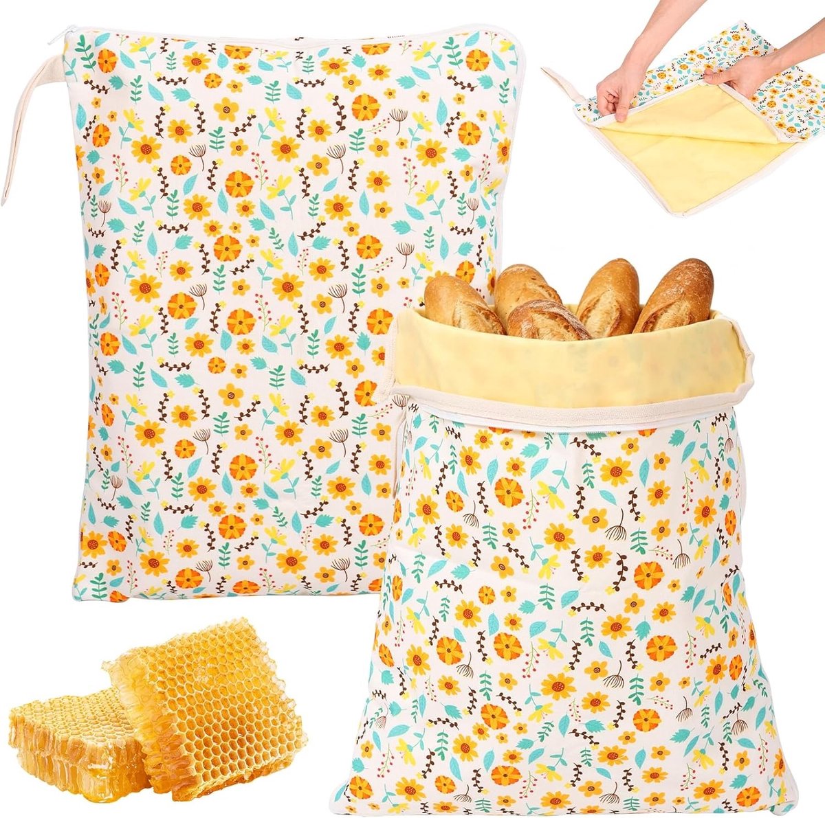Bijenwas Broodzakken - Bloemen - 33 x 43 cm - Herbruikbare Broodzak met L-Ritssluiting - Voor Vers Brood