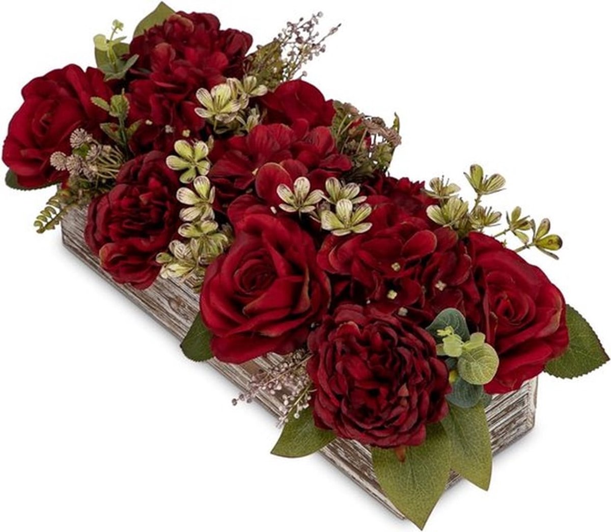 Kunstbloemen in Houten Vaasje - Hydrangea, Rozen en Pioenrozen voor Tafeldecoratie, Woonkamer en Badkamer