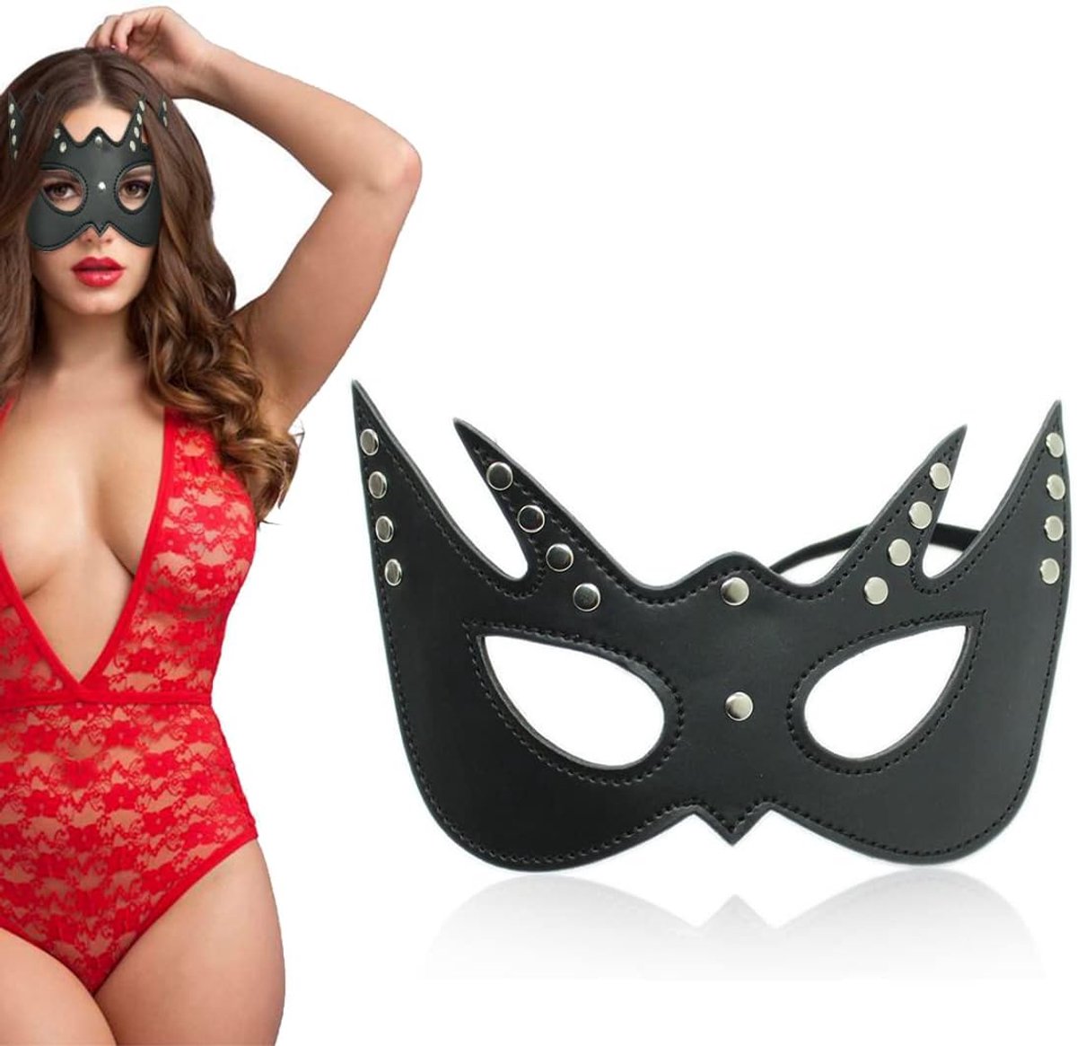 SnelShoppen - Sexy Half Face Cat Leer Masker met Studs, Kat Masker voor Halloween, Pasen en Gemaskerde Feesten - Mysterieuze en Sensuele Accessoire