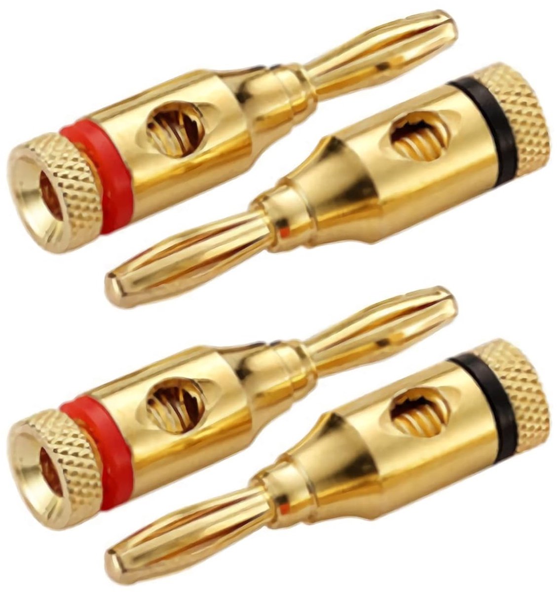 SnelShoppen - Set van 4 Bananenstekkers voor Luidsprekers, Goudgeplateerde Audiopluggen, Kabelschroefconnectoren voor Muziek Audio Luidspreker Draad,