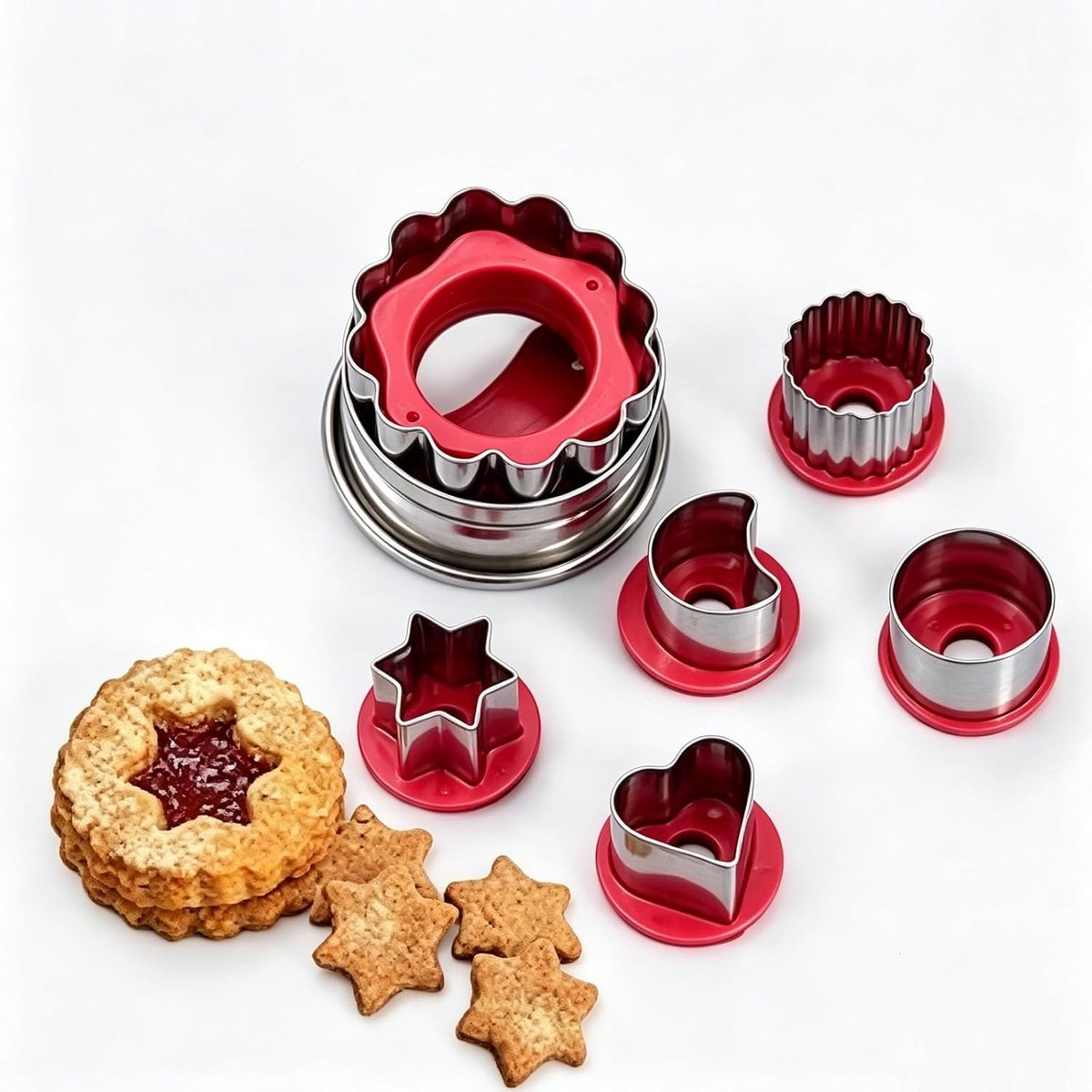 SnelShoppen - 6Delige Kerst Koekjesuitsteekset, Uitsteekvormen voor Linzer Koekjes, 6 Verschillende Motieven, Ejector, Kerst Koekjesuitsteekers voor D