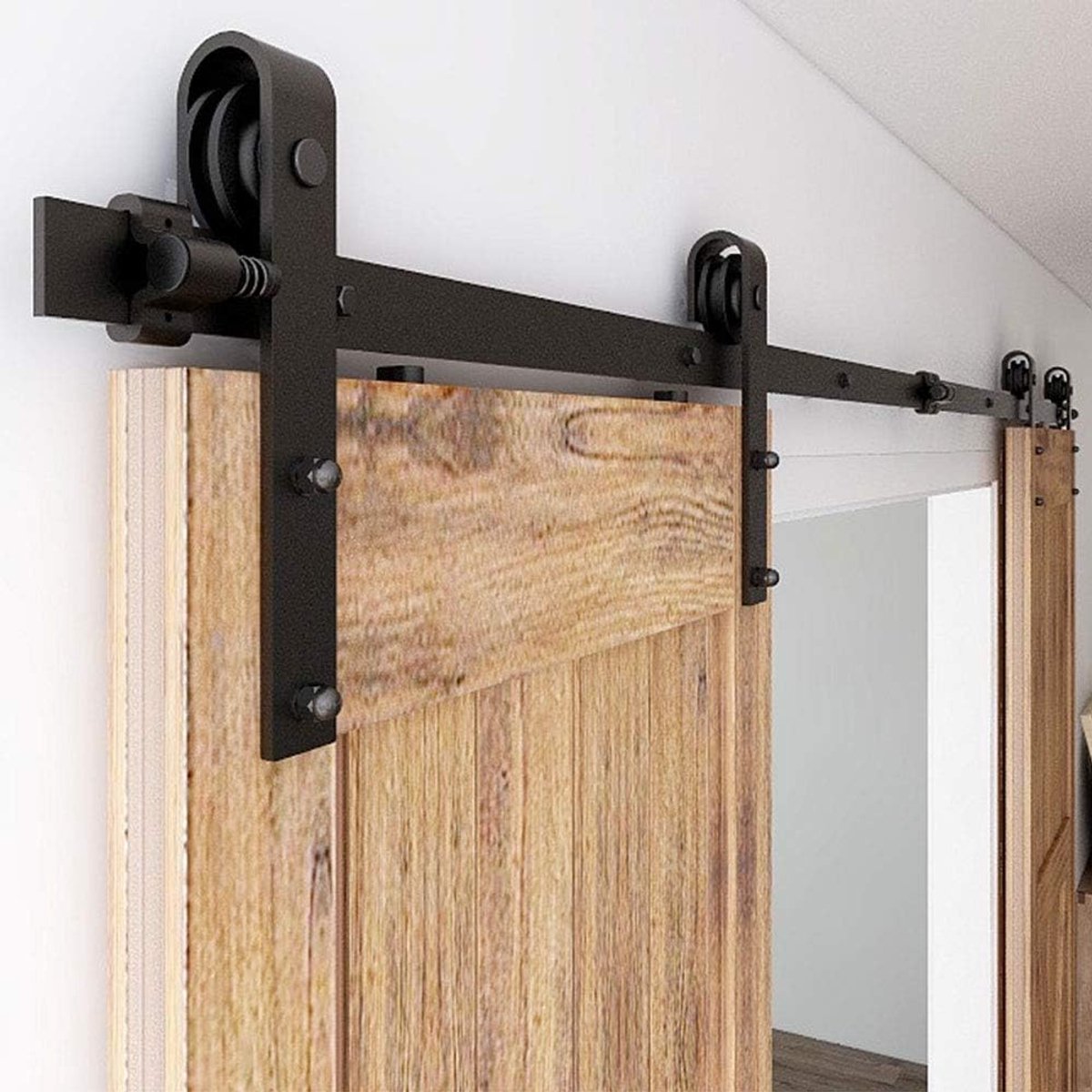 SnelShoppen - Sliding Deursysteem Accessoire Set voor Dubbele Houten Deuren 200 cm, Stalen Rail, Geluidsarm, Geschikt voor Deurdiktes van 3-5 cm, Zwar