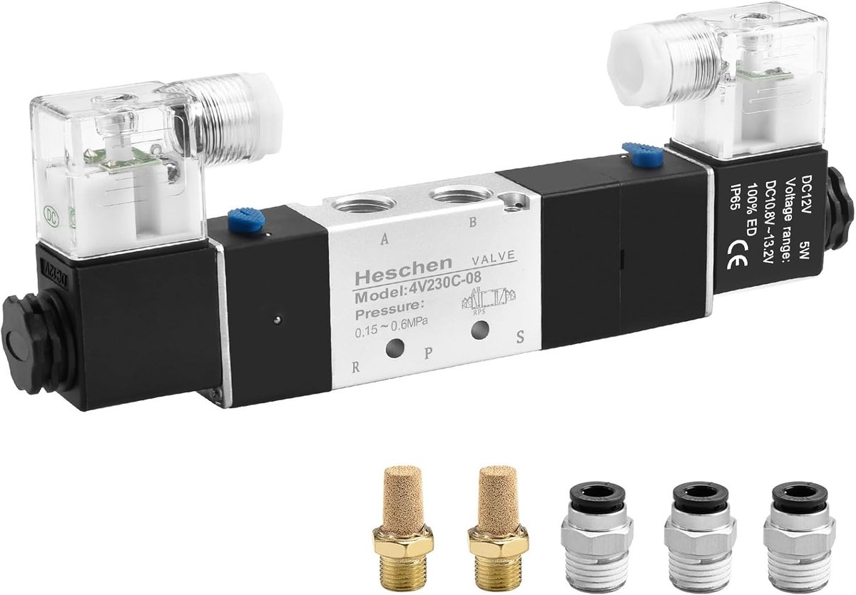 SnelShoppen - Elektrische Pneumatische Solenoïde Ventiel 4V230C-08 12VDC 5 Weg 3 Positie Dubbele Spoel Gecontroleerd CE met Aansluitstukken en Demper