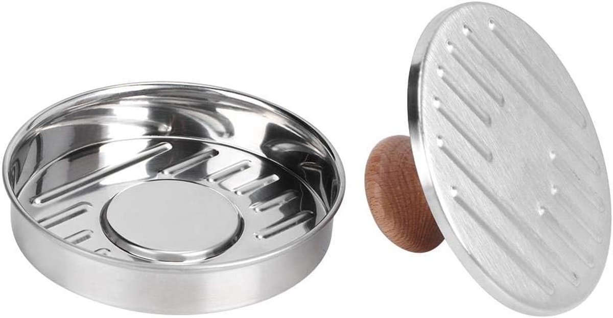 SnelShoppen - Set van 2 RVS Burgerpersen met Antiaanbaklaag - Perfect voor BBQ, Grillen, Koken, Camping - Ergonomisch Ontwerp voor Ideale Vleespatty's