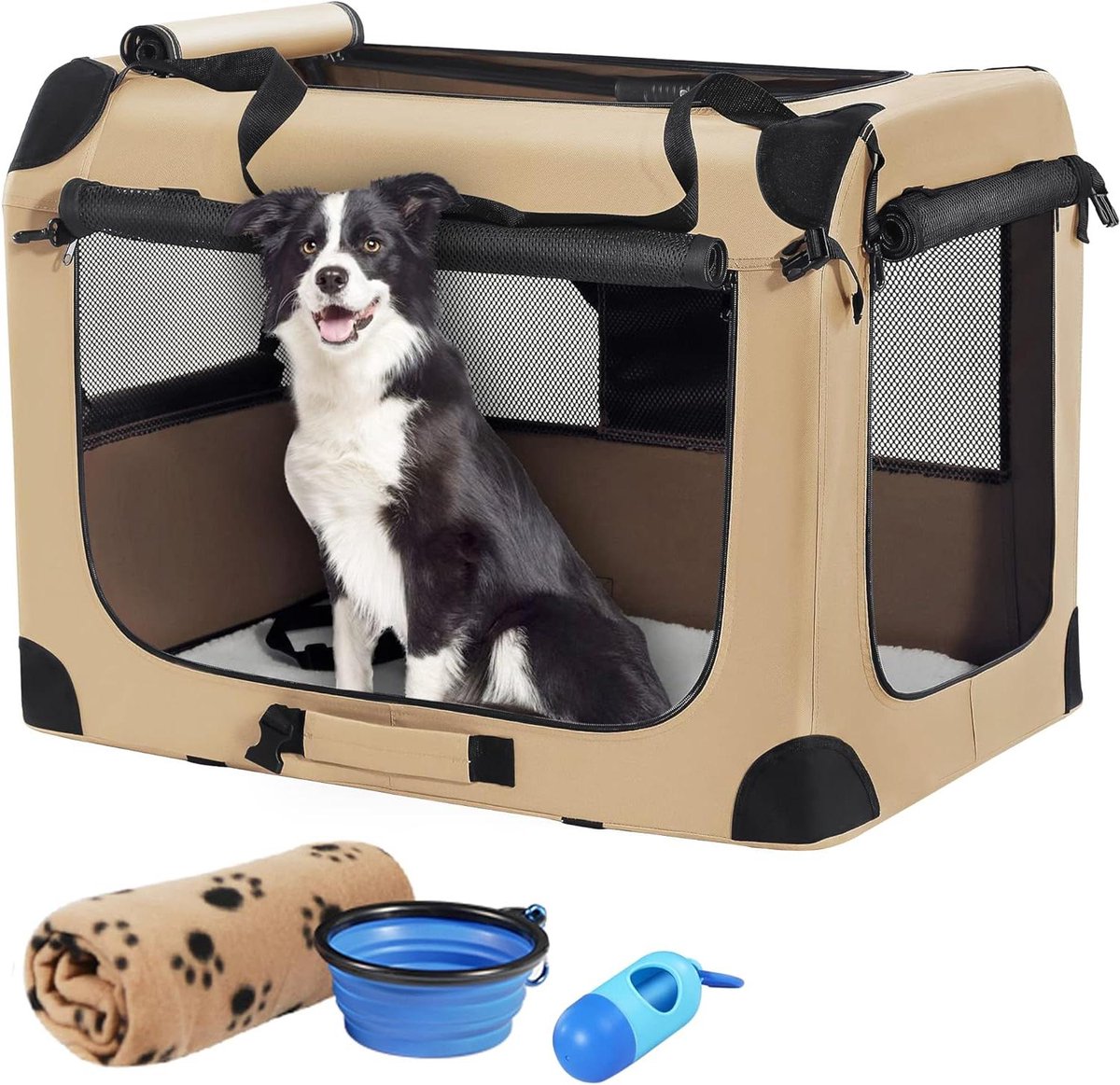 Hondenkrat Opvouwbaar - Reiskennel Huisdier - Veilig Vervoer - Incl. Accessoires - 81 x 58 x 58 cm - Beige