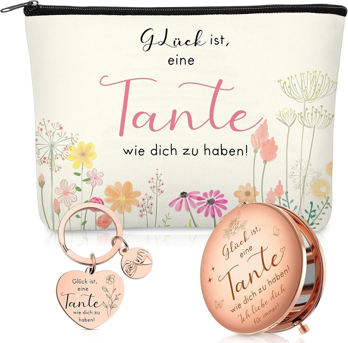 SnelShoppen - 3-delige Tante Geschenken Set met Cosmeticatas, Handspiegel met Vergroting en Sleutelhanger voor Verjaardag en Kerst
