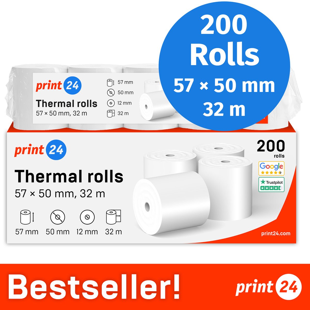 NIEUW: print24 Thermische Rollen / Kassarollen, 200 Rollen, 57mm x 50mm x 12mm, 32m, Testwinnaar, PEFC-gecertificeerd, BPA-vrij, voor EPSON, IBM e.a.