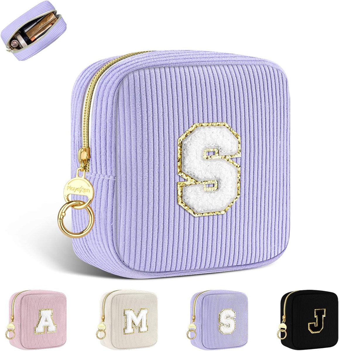 SnelShoppen - Gepersonaliseerde Makeup Tas met Initialen - Kleine Cosmetica Tas voor Vrouwen - Mini Toilettas in Paars - Perfect voor Cadeau, Verjaard