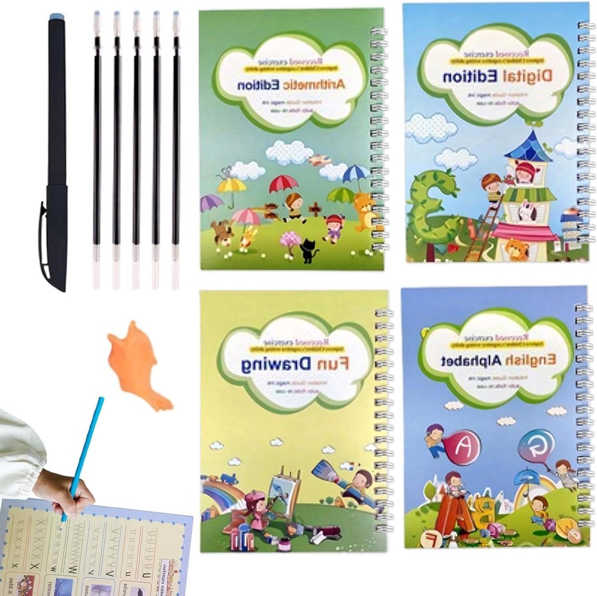Schrijfschriften met Groeven - Herbruikbare Schriften - Schrijfoefeningen Kinderen - Engels Schrijfbasis - 4 boeken - Niet gespecificeerd