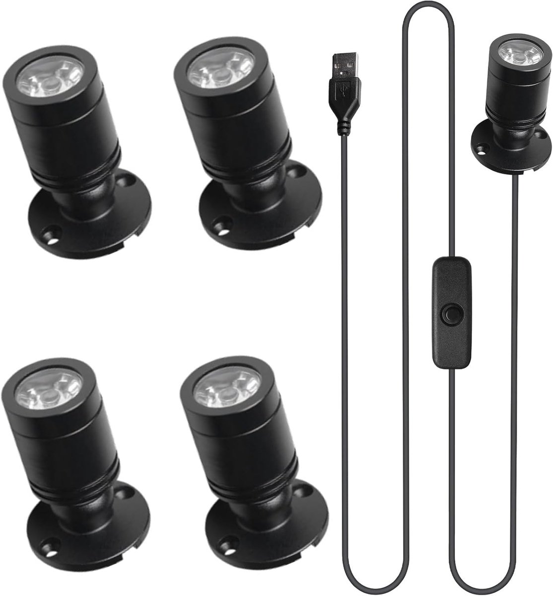 SnelShoppen - 4 x Mini LED Spotlight 5 V 3 W, 360° Draaibaar Aluminium Accentverlichting, USB Spotlights voor Sieraden, Etalages, Meubels, Warm Licht