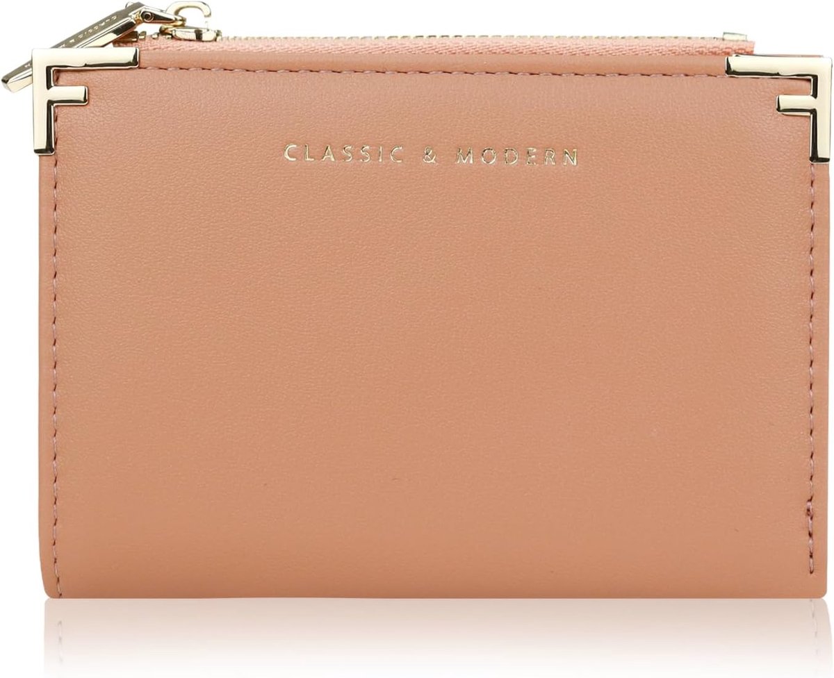 SnelShoppen - Andiker Damesportemonnee Klein en Slank Bifold in Zacht Leer met 5 Kaartvakken, Muntzakje en Fotovenster, Roze 12x9x2 cm, Trendy en Func