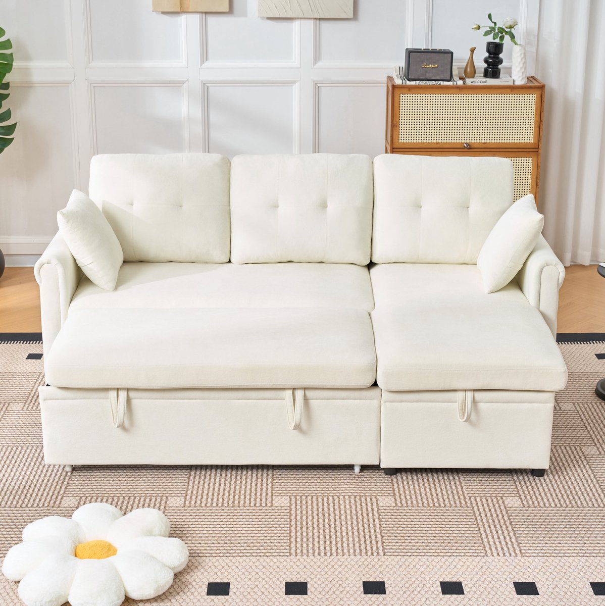 MIVRAY Hoekbank 206 Cm - Slaapbank Met Opbergruimte En Omkeerbare Chaise Longue - Voor Woonkamer En Gastenkamer - Chenille Beige