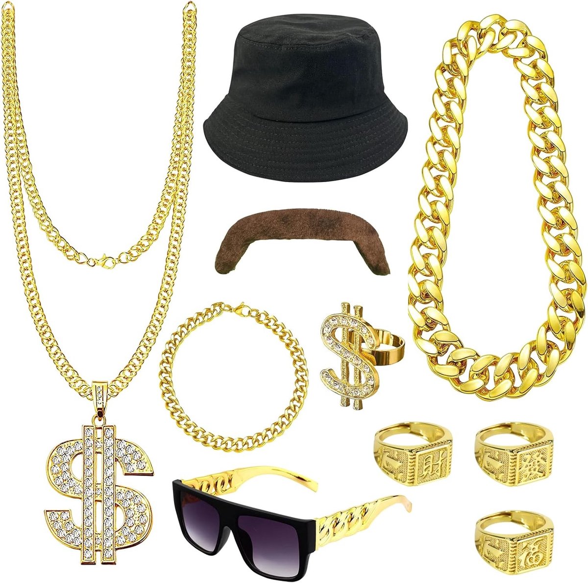 Dollar Characters Ketting Ringen Zonnebril Gouden Ketting Set, Hip Hop Kostuum Accessoires voor 80s/90s Mannen, Punk Stijl Sieraden voor Carnaval en Feestjes