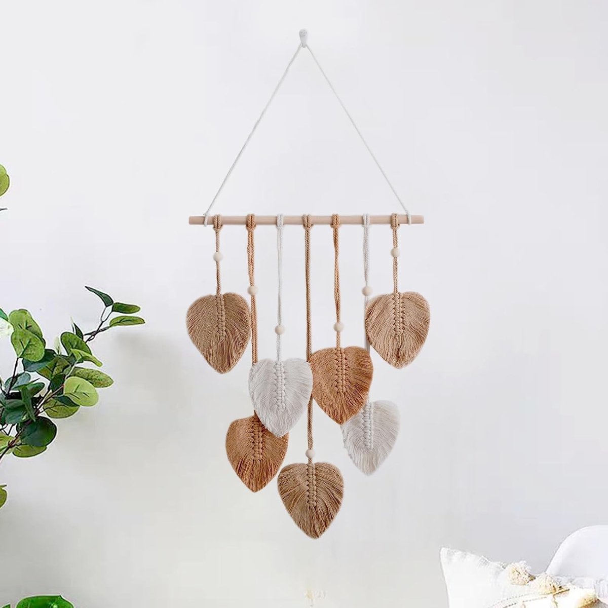 Handgemaakte Boho Macramé Wandhanger, Woven Tapestry met Houten Kralen en Bladeren voor Woonkamer, Slaapkamer en Bruiloft Decoratie