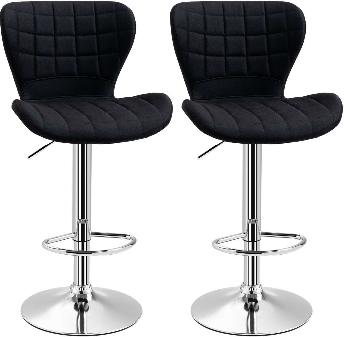 Set van 2 barkrukken voor bar, keuken en eetkamer; 360° draaibare, in hoogte verstelbare barkruk met rugleuning en voetsteun, zwart, vierkant patroon