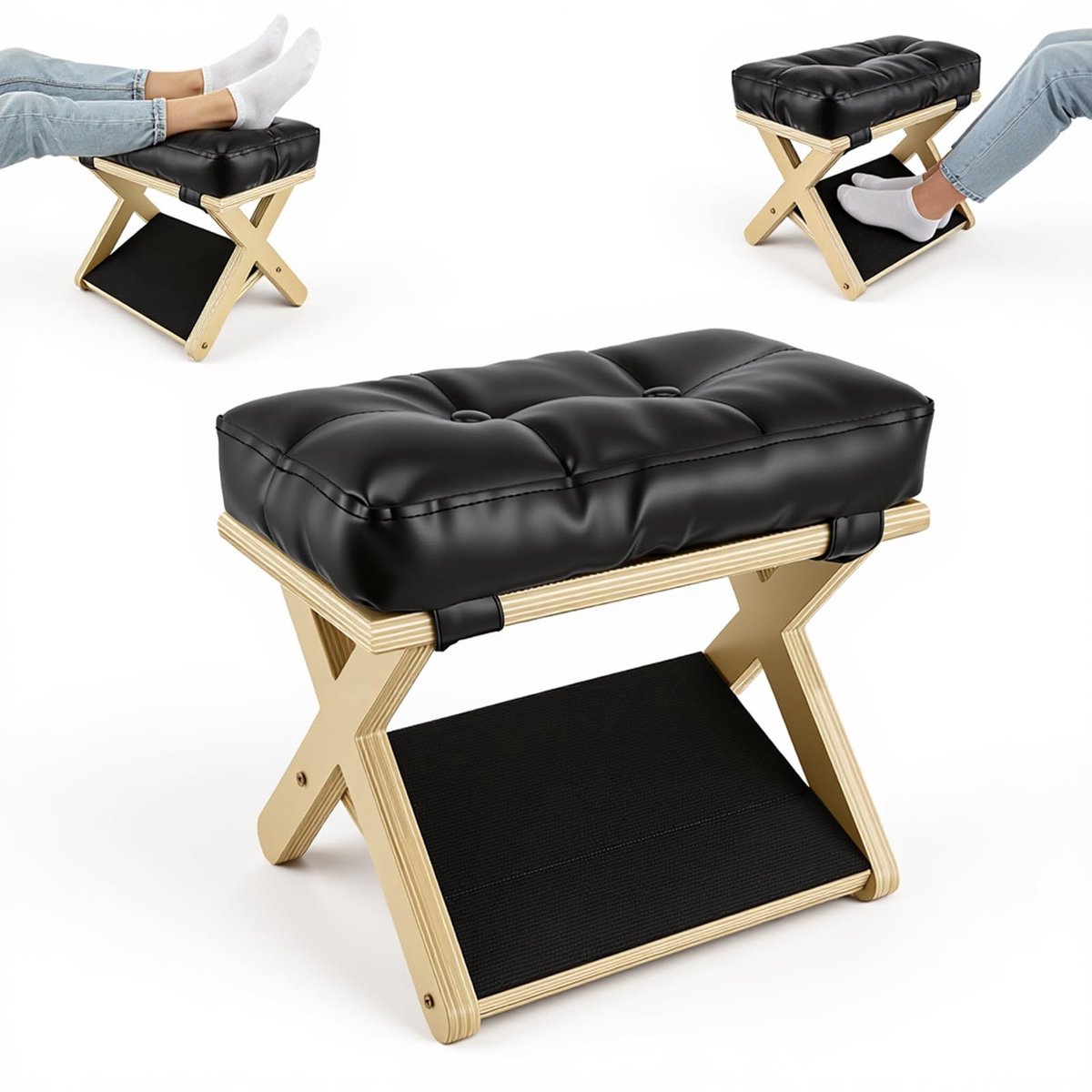 SnelShoppen - 2-in-1 Voetsteun Bureau, Ergonomische Voetensteun met Afneembaar Zacht Kussen, Houten Antislip Voetenbank voor Kantoor en Thuis, Comfort