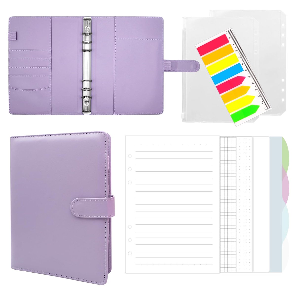 SnelShoppen - Fettwal Notitieboek A5 met Ringband, Navulbaar Leren Notitieboek, 160 Vellen Navulpapier, Draagbaar Planner en Organizer in Paars voor S